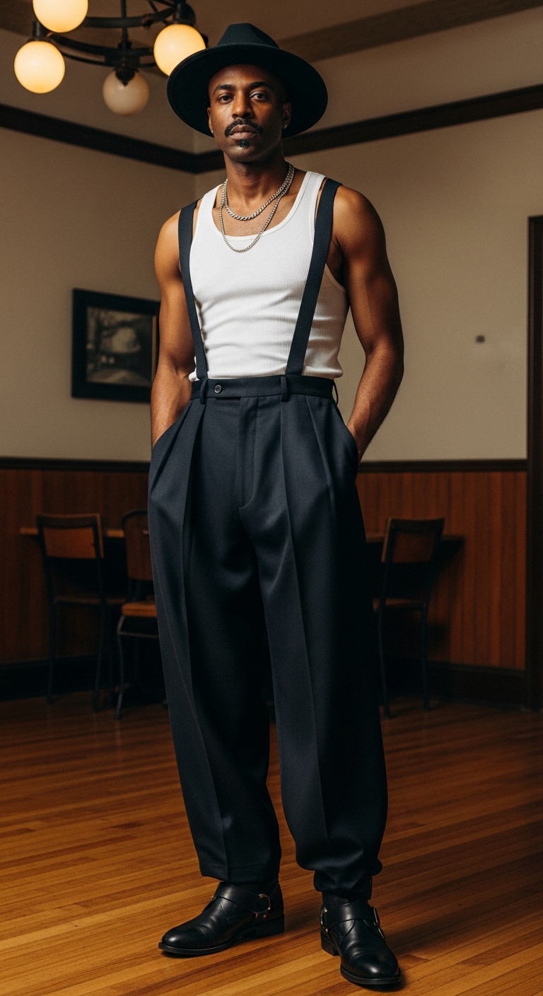 11 90s Outfit Men Will Make You Beautiful Suspenders and Wide-Leg Pants