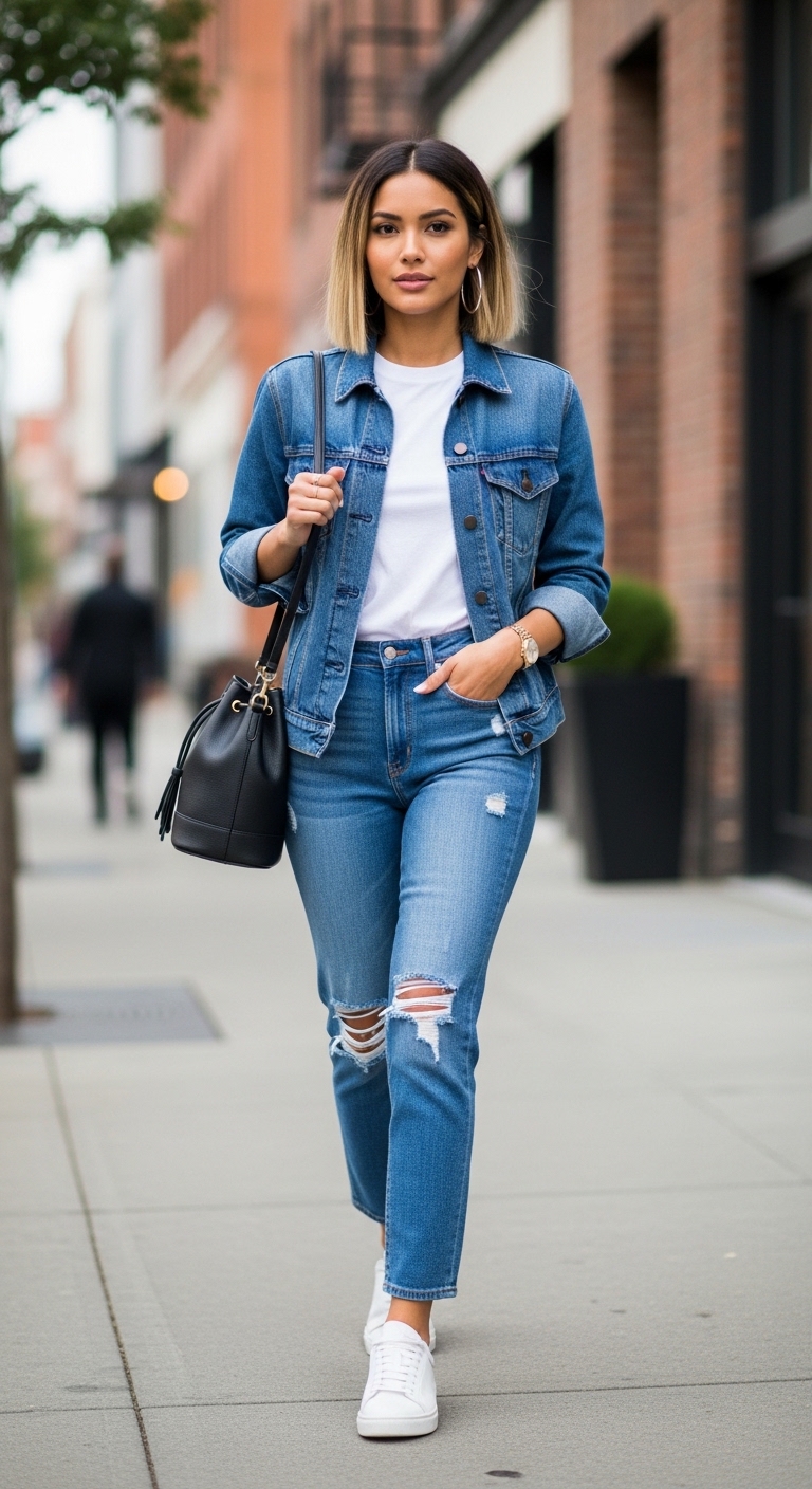 11 Basketball Game Outfit Women Will Make You Beautiful Denim-On-Denim Sporty