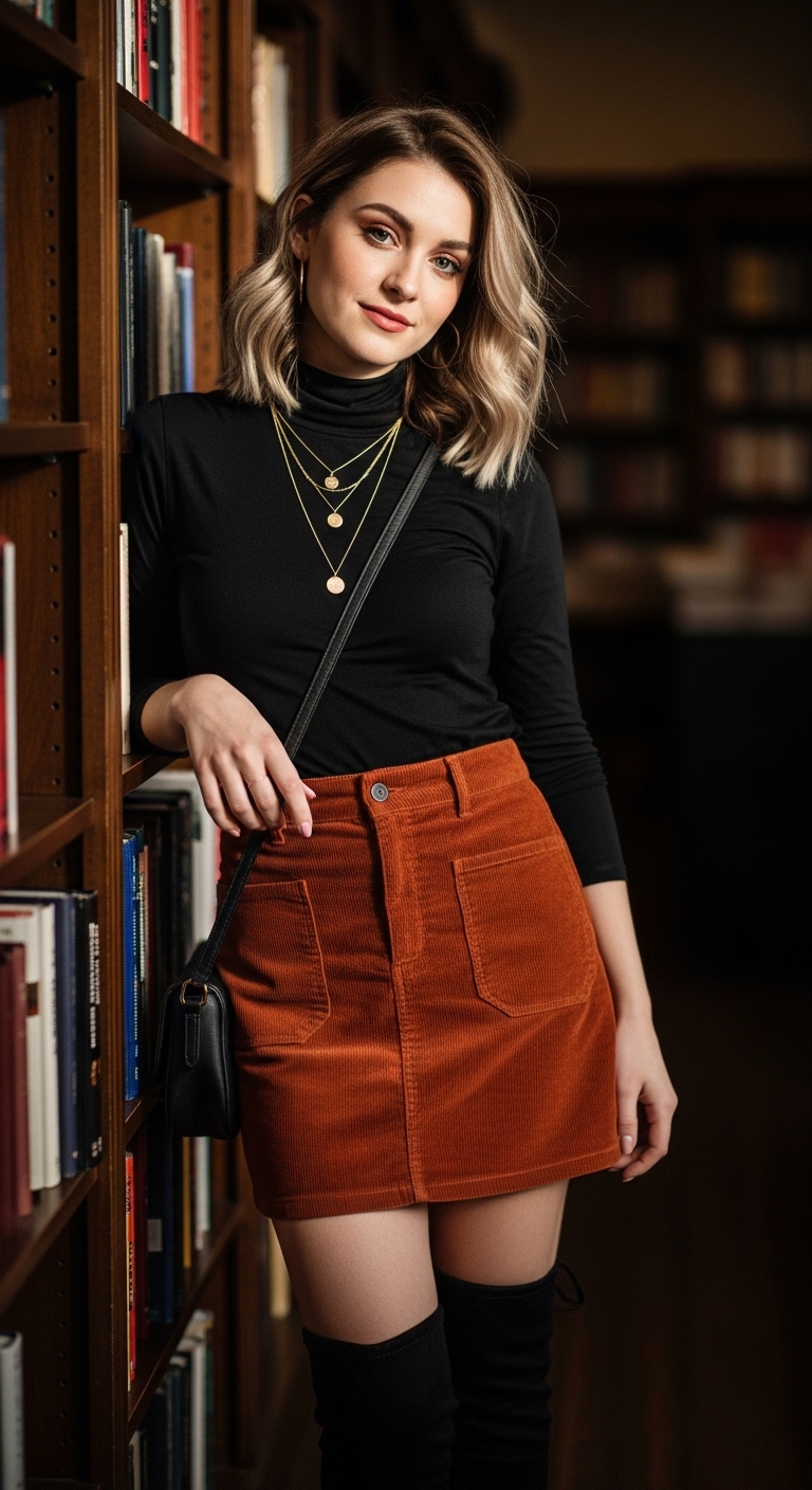 Rust Mini Skirt Cord Look