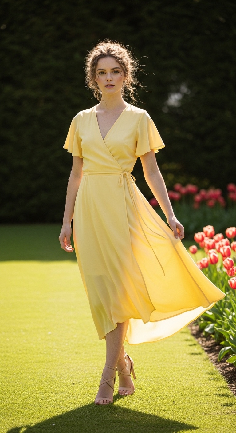 11 Easter Outfit Women That Look Stunning Pastel Yellow Wrap Dress
