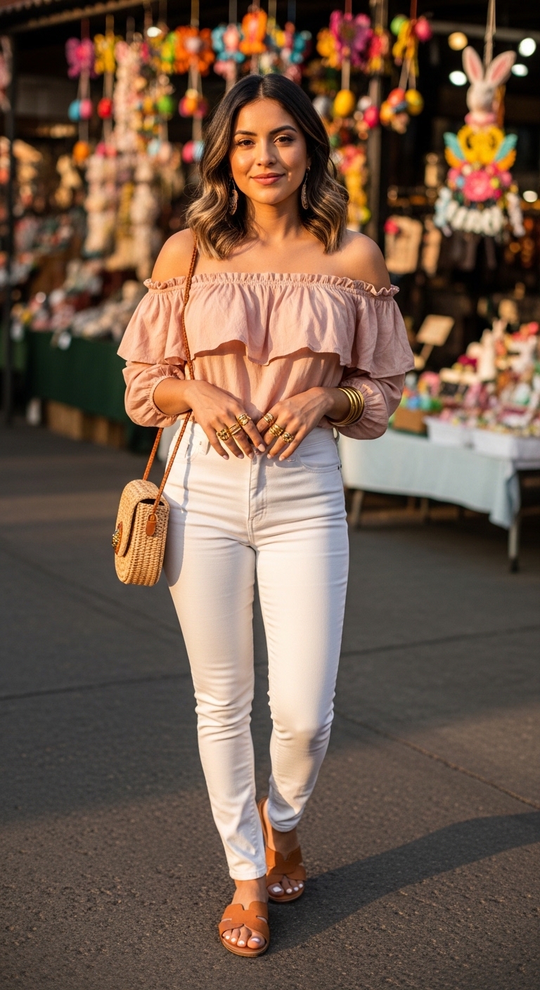 11 Easter Outfit Women That Look Stunning Ruffled Off-Shoulder Top