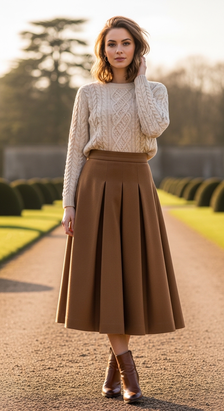 11 Old Money Outfit Women To Elevate Your Style Wool Skirt & Cable Knit