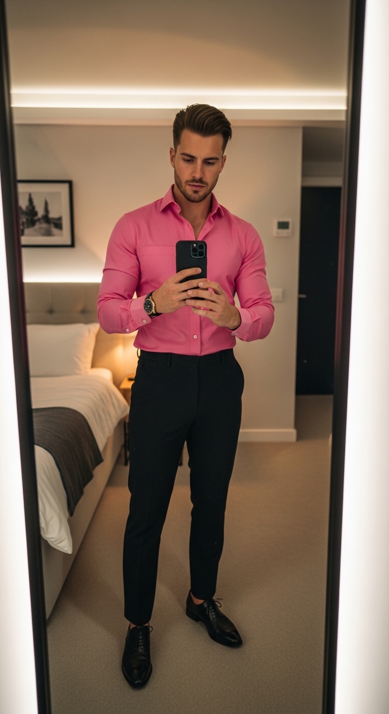 11 Pink Shirt Outfit Men That Are Trending Now Home Mirror Selfie